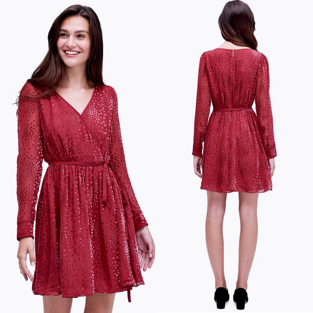 KATE SPADE Silk Chiffon Velvet Swiss Dot Long Sleeve Faux Wrap Tie Waist Dress 2